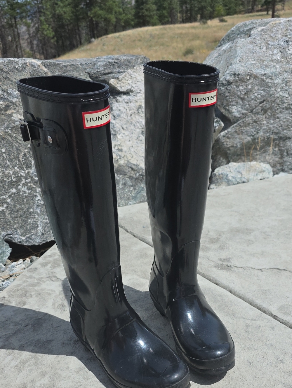 Hunter Glossy Black Knee-High Rain Boots with Side Buckle